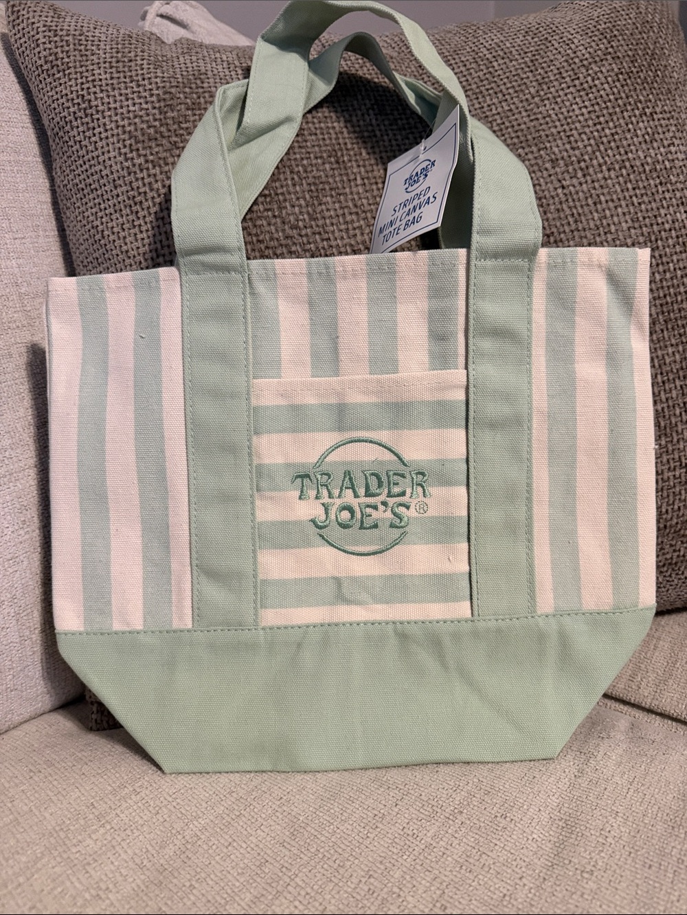 NWT TRADER JOES Mint Green Striped Canvas Tote Bag